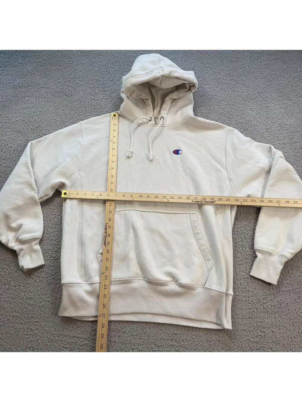 Champion Reverse Weave Hoodie Cream Small Logo Pullover Sweatshirt Mens Large